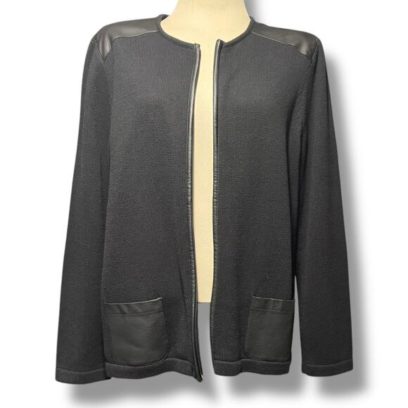 Chaps Zip Front Cardigan Faux Leather Black 2X - Picture 1 of 9